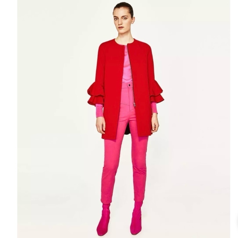 ZARA Frilled Sleeve Jacket Coat Chic Career Business Casual Red Size Small